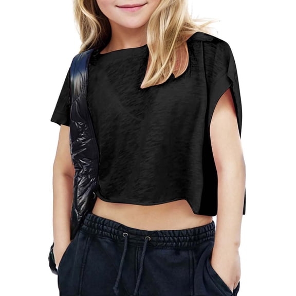 Girl's Open Back Workout Tops Oversized Crop Gym Shirts Loose Fit Criss Cross Short Sleeve Athletic Tee for Running Yoga