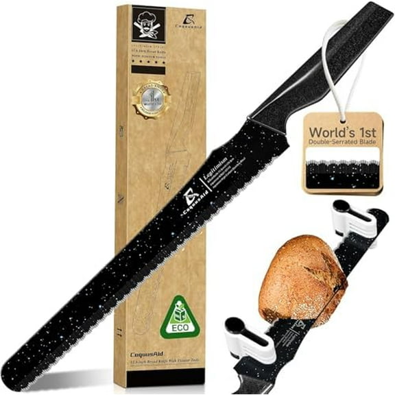 Resharpenable Bread Knife for Homemade Bread, 11.6-Inch Multifunction Serrated Knife with 5 Thickness Adjustable Slicing Guide, Stainless Steel Bread Cutter, Razor Sharp for Sourdough, Black
