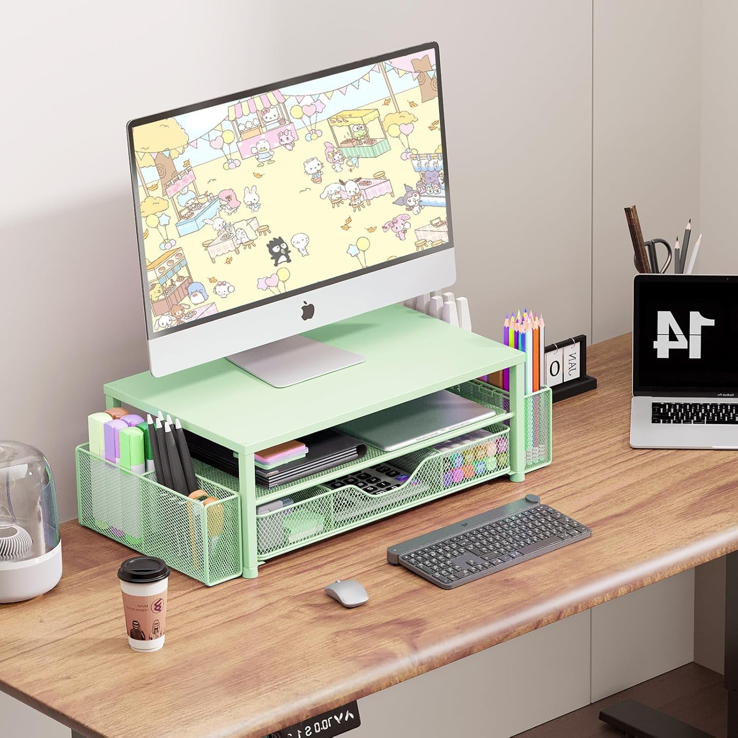 Desk Organizers and Accessories, 2-Tier Computer Monitor Stand Riser with Drawer and 2 Pen Holders, Office Desk Accessories for Office Supplies