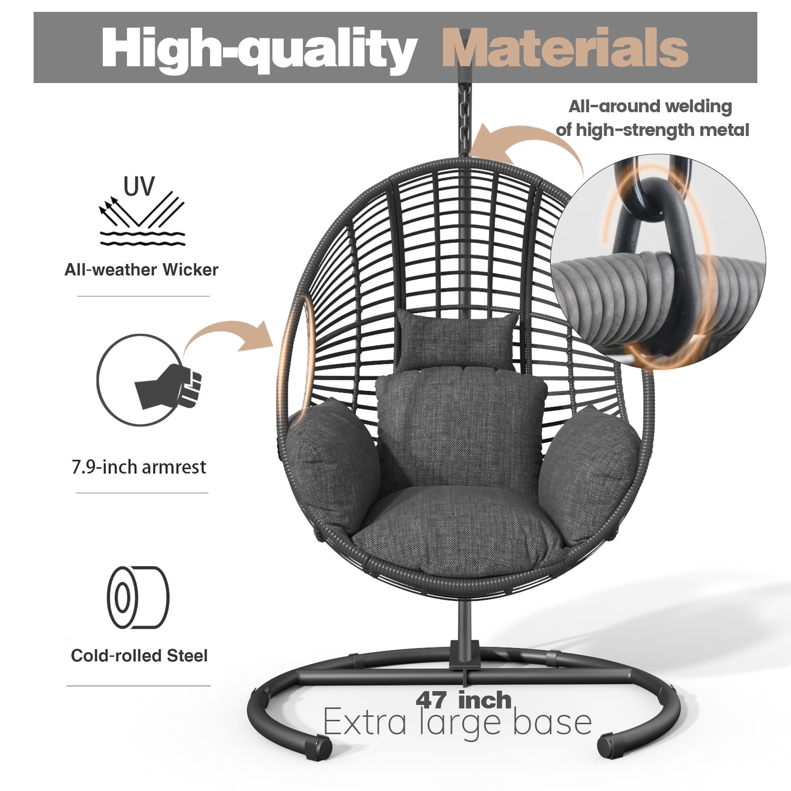 CHINNLUU Oversized Hanging Egg Chair with Stand, Outdoor Indoor Wicker Swing Chair with UV-Resistant Cushions and Rain Cover, 400lbs Capacity Patio Hammock Chair for Backyard, Balcony, Black