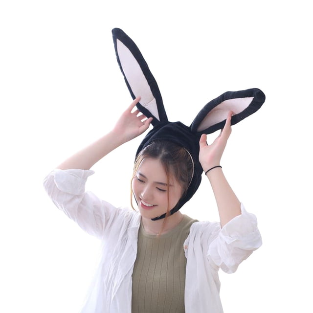 EeaseMX Gorro de conejo de dibujos animados con orejas móviles de peluche para mujeres y niñas (negro)