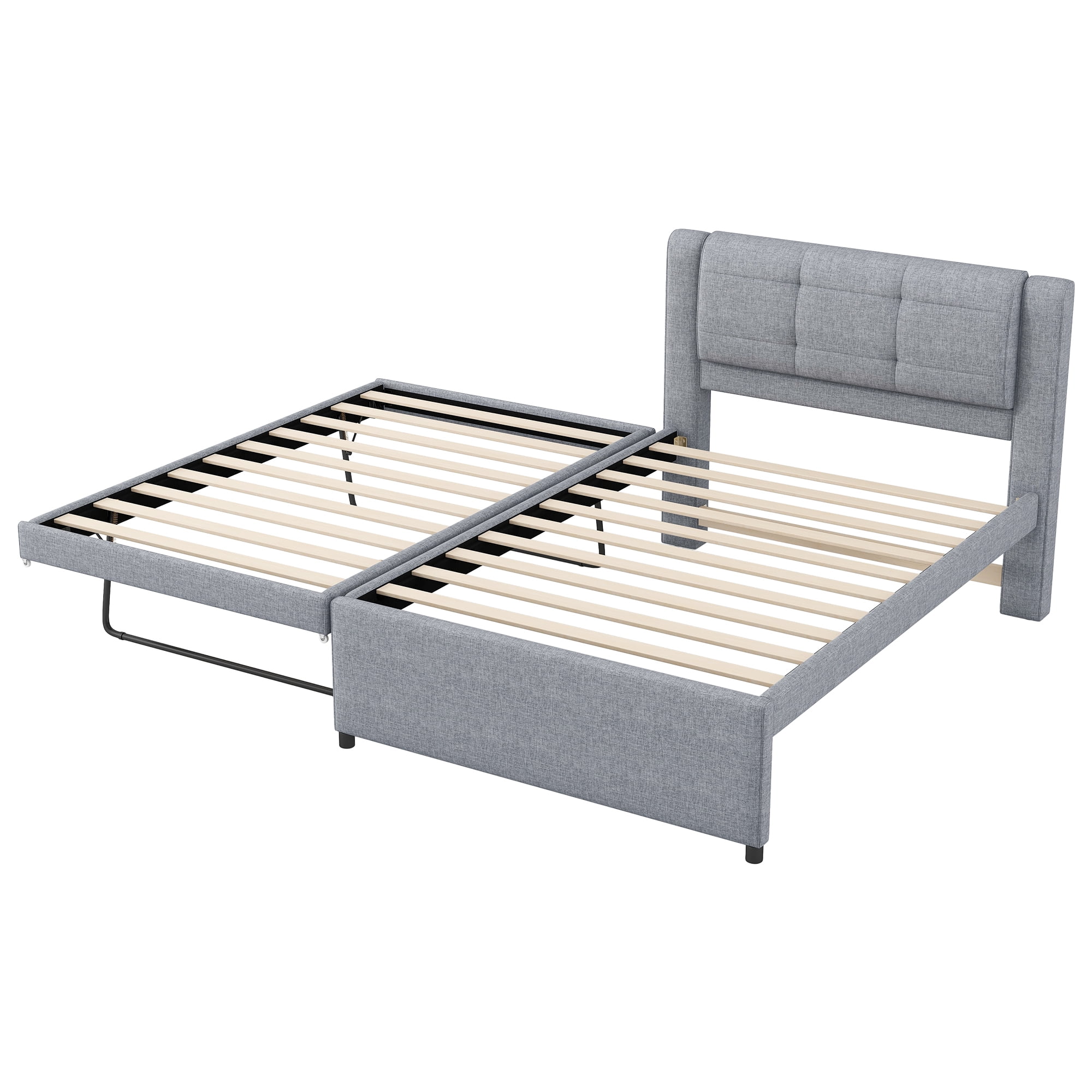 Euroco Upholstered Twin Platform Bed with Pop-up Twin Trundle for Bedroom, 2 Beds in One, Gray