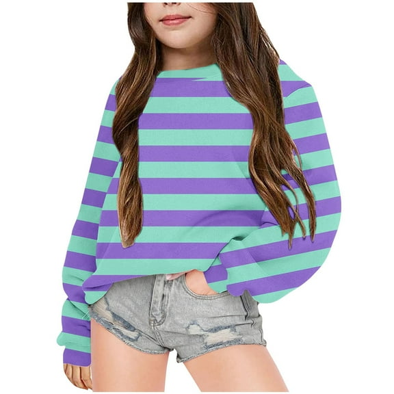 Girls Striped Sweatshirt Color Block Crew Neck Long Sleeve Shirt Casual Loose Pullover Tops Children's T-shirt Printed Round Neck Short Top Suitable For Boys And Girls Blue 9 Years