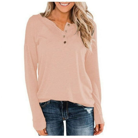 Oalirro Pink Womens Long Sleeve Tops Casual Round Neck Solid Womens Dressy Casual Shirts