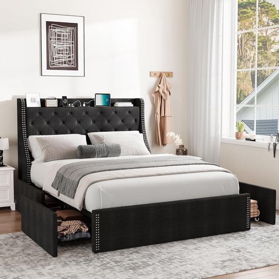 QinaQin Full Size Bed Frame with Wingback Headboard,4-Drawer Velvet Upholstered Platform Bed Frame with Charging Station,Button Tufted Storage Bed,No Box Spring Needed,Black