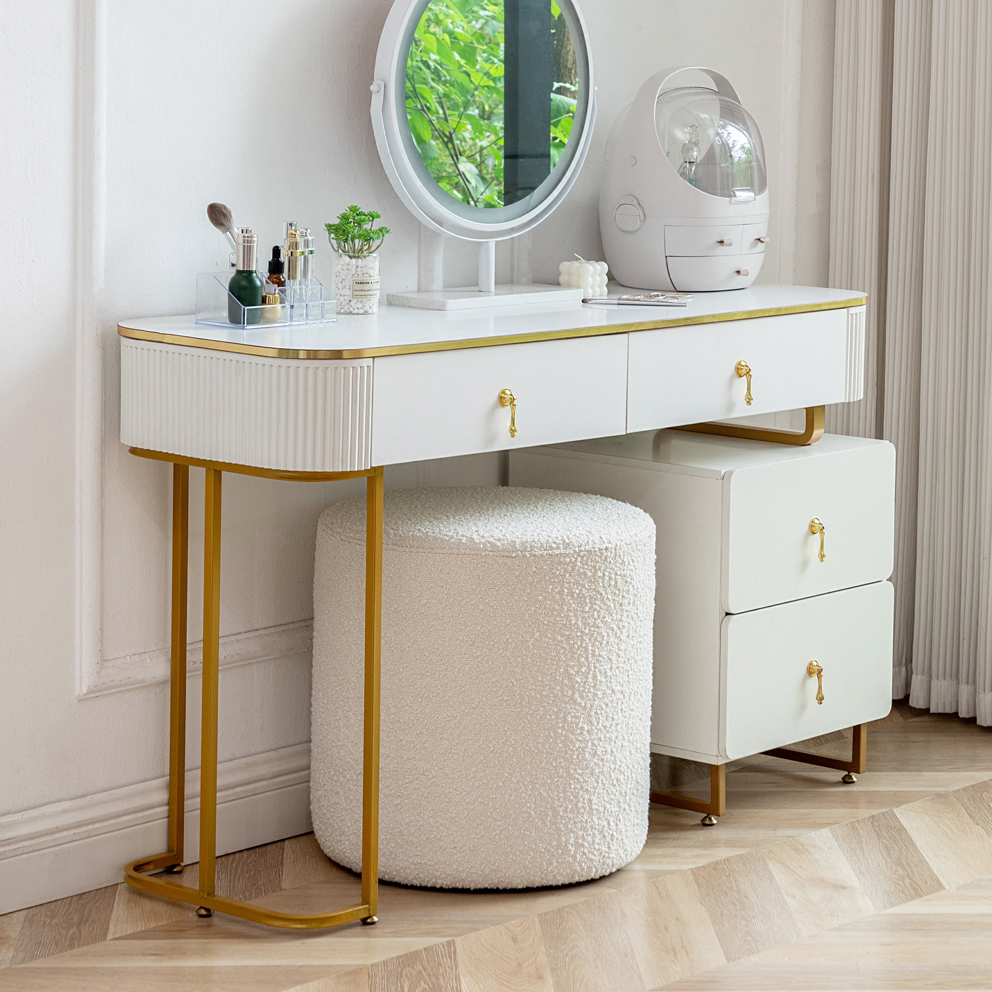 Modern Round Boucle Upholstered Ottoman with Soft Padded Seat, Multi-Functional Sofa Footrest, Side Table, Extra Seating for Living Room, Bedroom, Entryway 18" Dx 18" W x 18" H (Cream)