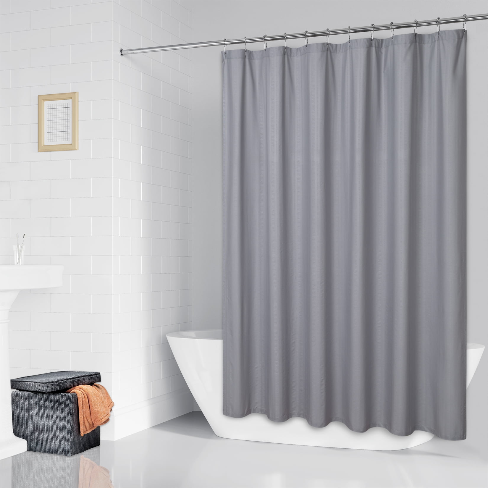 GlowSol Gray Fabric Shower Curtain Soft Seersucker Fabric Hotel Quality