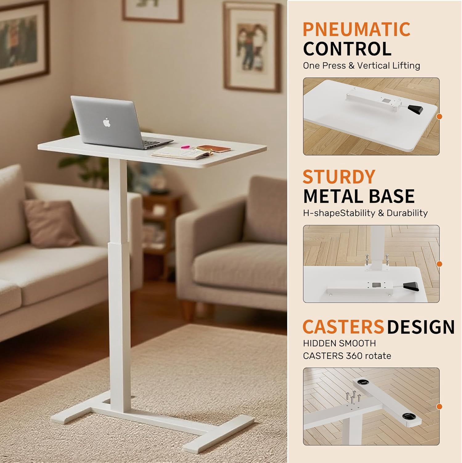 JessieMal Rolling Teacher Standing Desk with Hidden Wheels,Pneumatic Mobile Laptop Table Height Adjustable Small Sit Standing Desk for Home Office,White