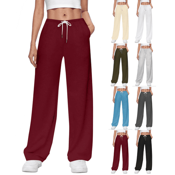 VEKDONE Womens Wide Leg Sweatpants Elastic Waisted Drawstring Long Pants Solid Color Baggy Sweat Pants with Pockets Fall Thin Fleece Lounge Trousers