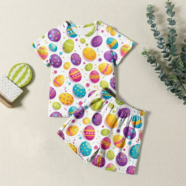 Ensemble de Pyjamas de Pâques pour Enfants Mignon Lapin Tenue Col Rond T-Shirt à Manches Courtes et Shorts Ensemble de Pyjamas Tenues pour Tout-Petits