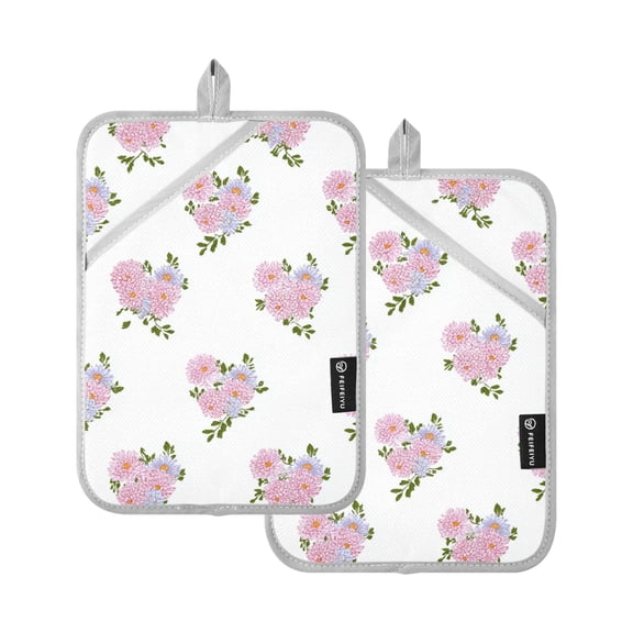 Flowers in Pink Blue with Leaves Potholders Heat Resistant Pot Holder Set of 2 Oven Hot Pads with Pocket