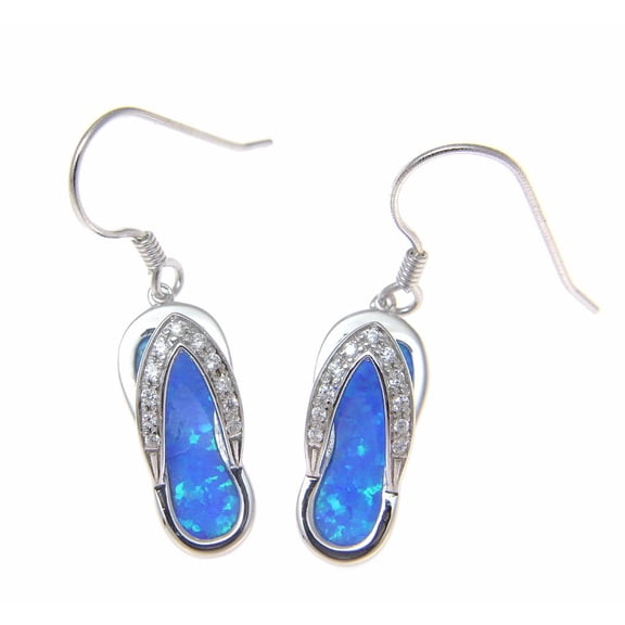 925 Sterling silver Hawaiian cz slipper blue synthetic opal wire hook earrings