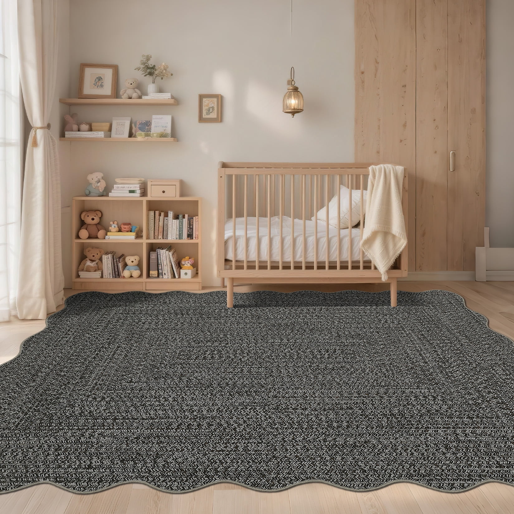 Garvee 8'x10' Scalloped Rug Farmhouse Braided Print Carpet, Washable Rug Soft Non Slip Low Pile Rug Indoor Neutral Carpet for Living Room Bedroom Dining Room, Gray Brown