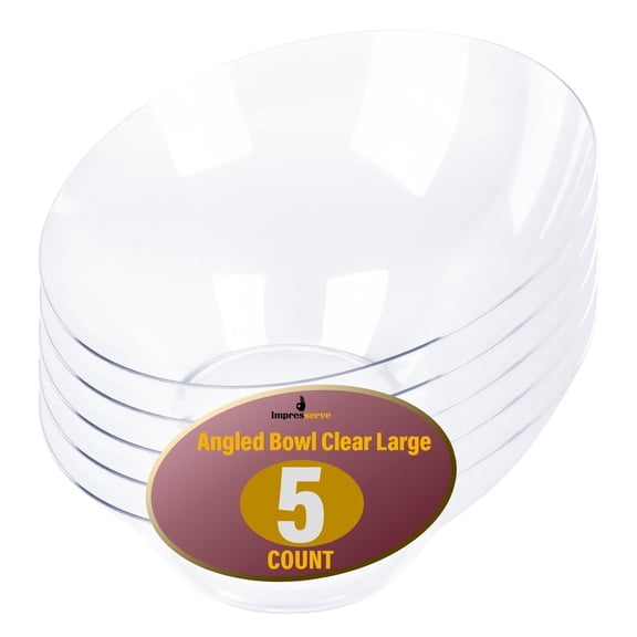 Impresserve Angled Plastic Serving Bowls, Large 54 oz, Clear, Durable Disposable Party Bowls for Weddings Catering Events, 5 Count