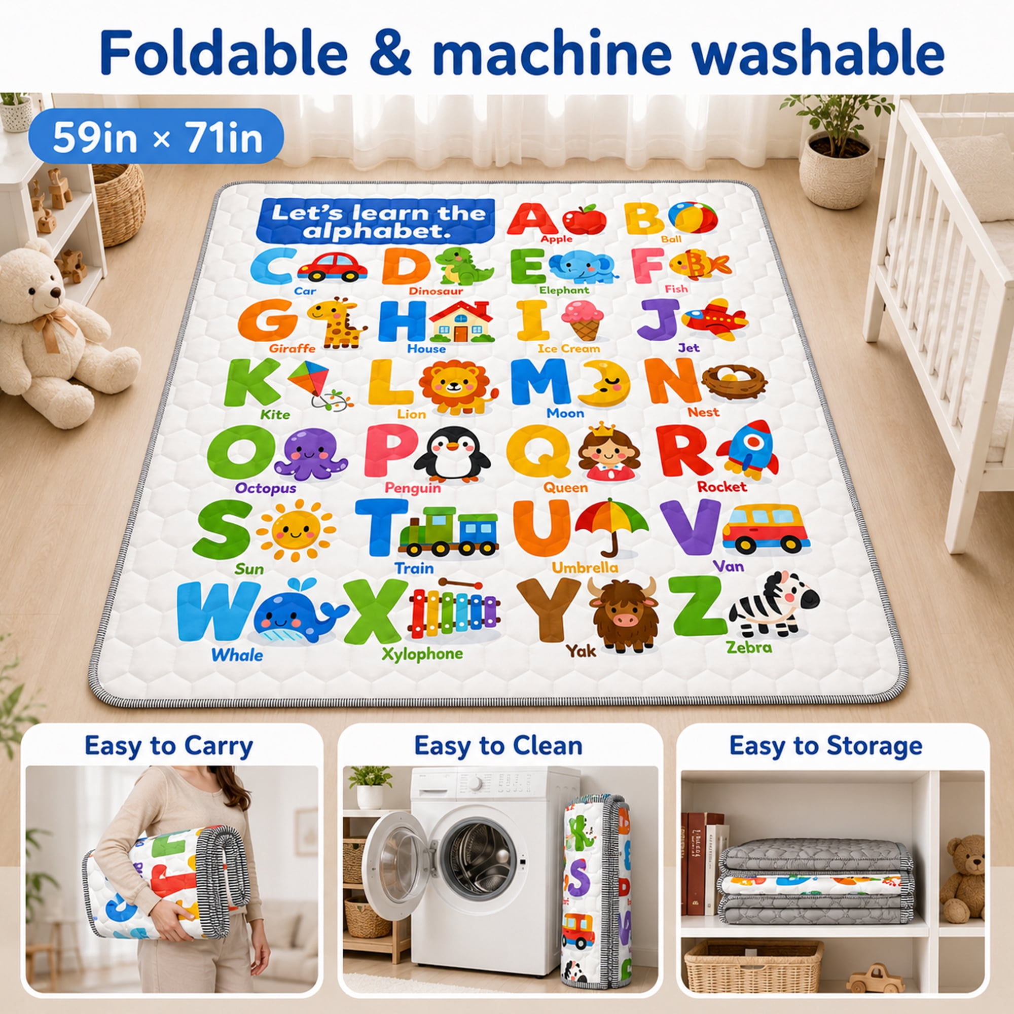 BEAUTYPEAK Large Baby Play Mat, 59"x71" Crawling Mat for Floor, Non-Slip Foldable Mat for Toddlers and Babies