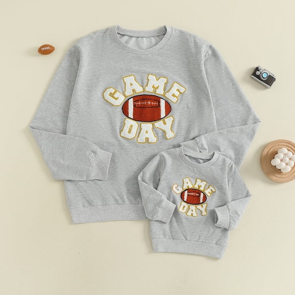 Mommy and Me Matching Outfits Football Rugby Letter Embroidered Sweatshirt Long Sleeve Pullover Top