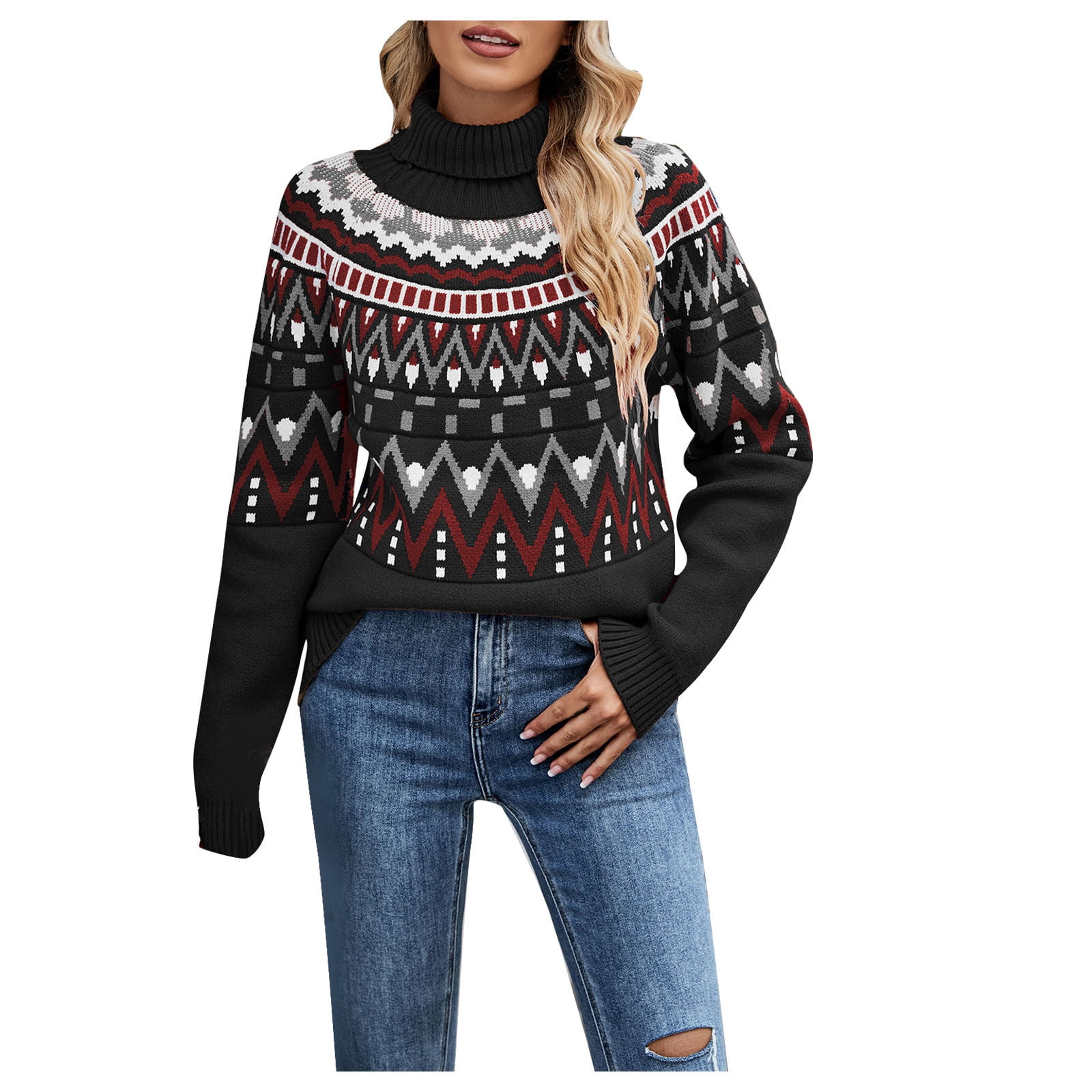 Womens Ribbed Knit Turtleneck Sweater Retro Long Sleeve Casual Stretchy Print Fall Winter Sweaters Pullover Tops Walmart
