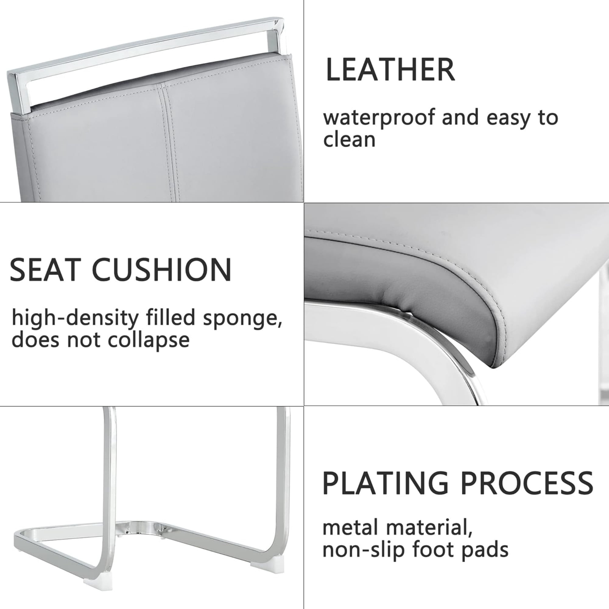 SUDICA Set of 4 Light Gray PU Leather Dining Chairs, Modern Upholstered High Back Kitchen Chairs with Chrome Metal Legs for Dining Room