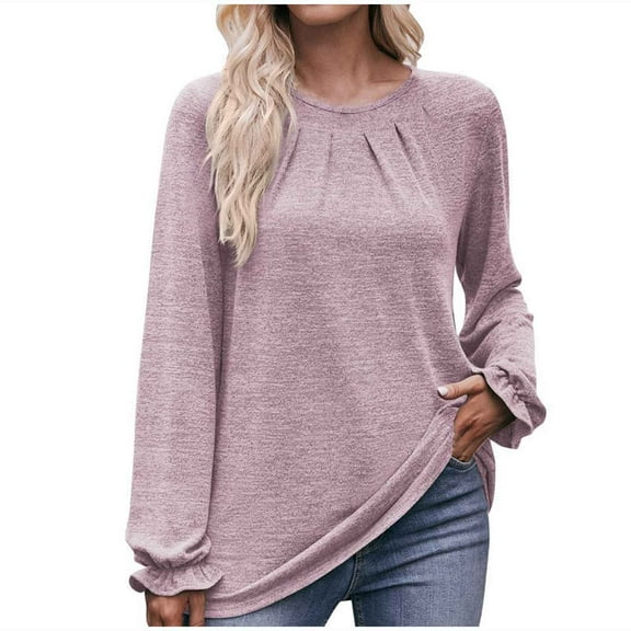 Solid Color O-Neck Bottom Tops for Women Ruffle Long Sleeve Pullover Loose-Fit Comfy Casual T-Shirts