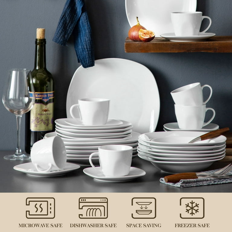 MALACASA Dinnerware Sets, 24-Piece Porcelain Square Dishes,  Gray White Modern Dish Set for 6 - Plates and Bowls Sets, Ideal for  Dessert, Salad, and Pasta - Series ELISA: Dinnerware Sets