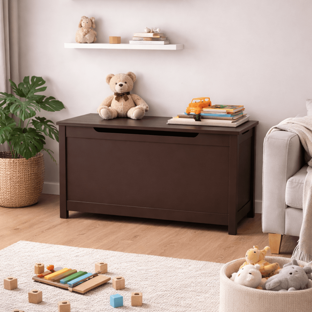 Kids Wooden Toy Box Storage Chest with Safety Hinged Lid, Coffee Brown, Sturdy Organizer for Toys Books