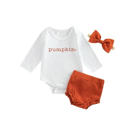 

Newborn Baby Girls Boys Halloween Outfit Pumpkin Clothes Set Long Sleeve Letter Printed Romper Ruffles Short Pants with Headband Set
