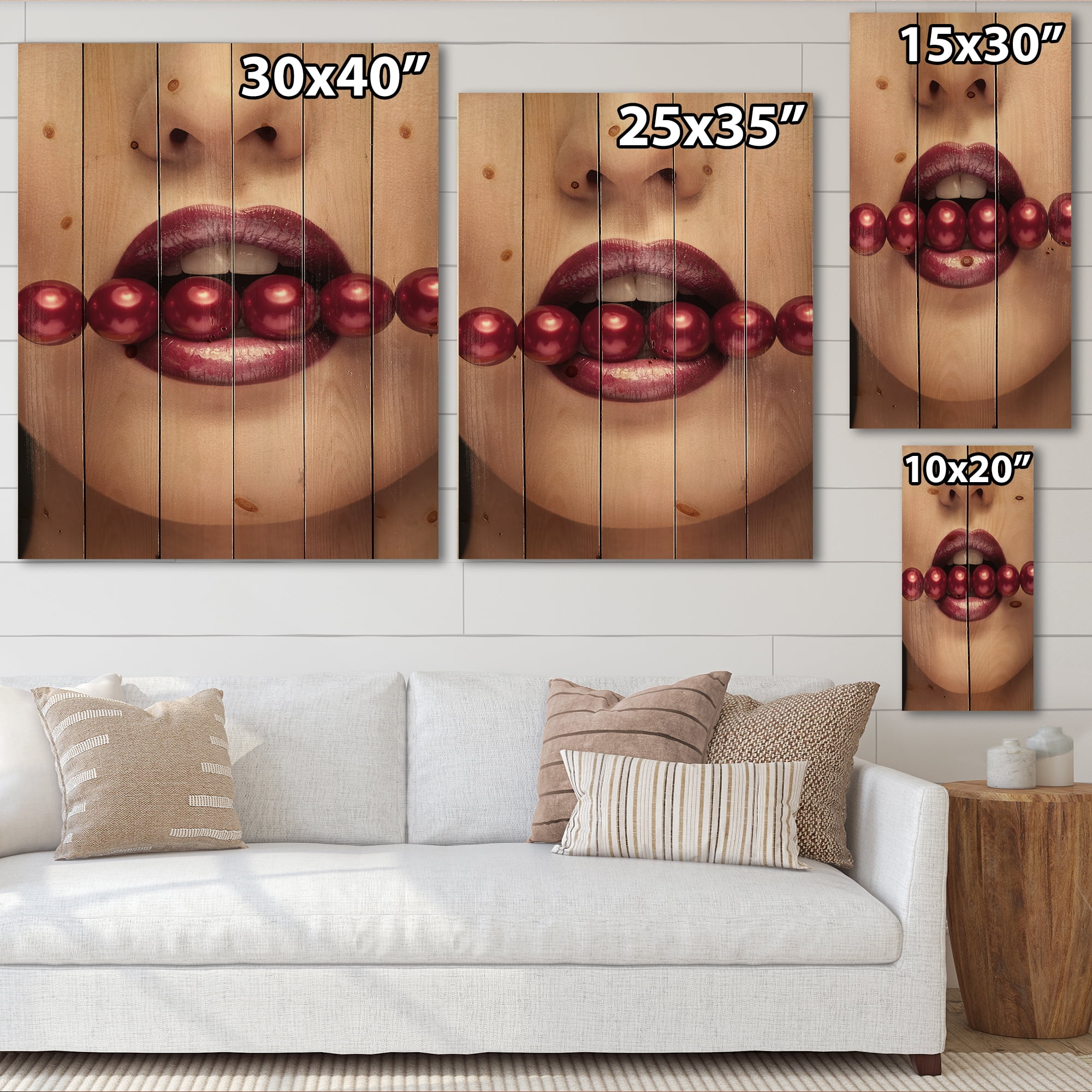Designart 'Girl With Red Pearls In Mouth In A Sensual Pose' Modern Print on Natural Pine Wood