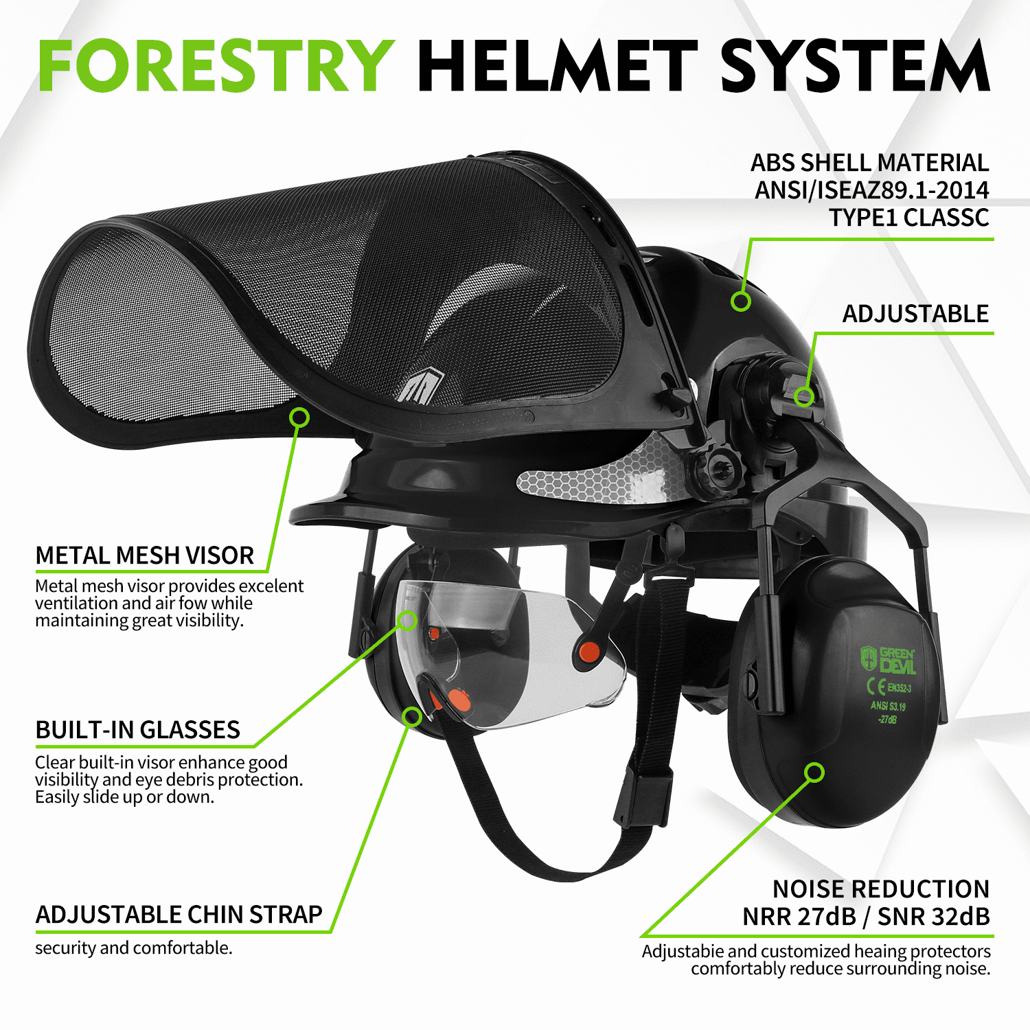 GREEN DEVIL Chainsaw Safety Protective Helmet Forestry Helmet with Build-in Visor Mesh Face Shield Ear Muffs 4 in 1 Ideal for Arborist Tree Work DIY Outdoor Logging Hard hat