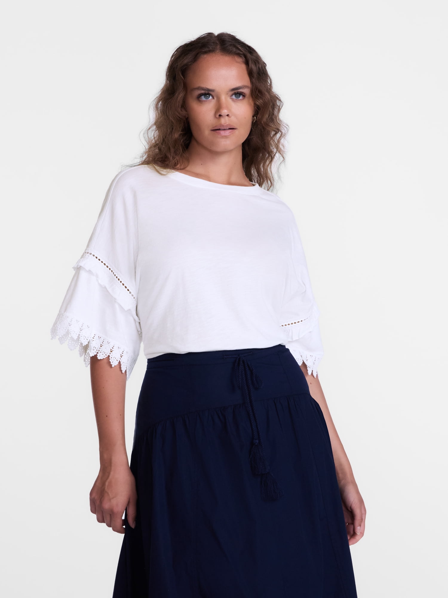 Scenario Women's Lace Trim Tee with Short Sleeves, Size XS-XXXL