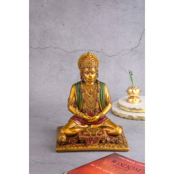 Meditating Hanuman Idol with an Antique Finish - 8 Inches
