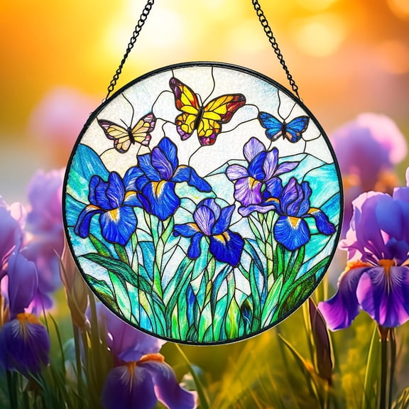 Butterflies and Blue Irises Stained Glass Suncatcher – Window Hanging Decor, Nature- Decor for Home, and Floral Lovers - Mother's Day Gift. 1875736300
