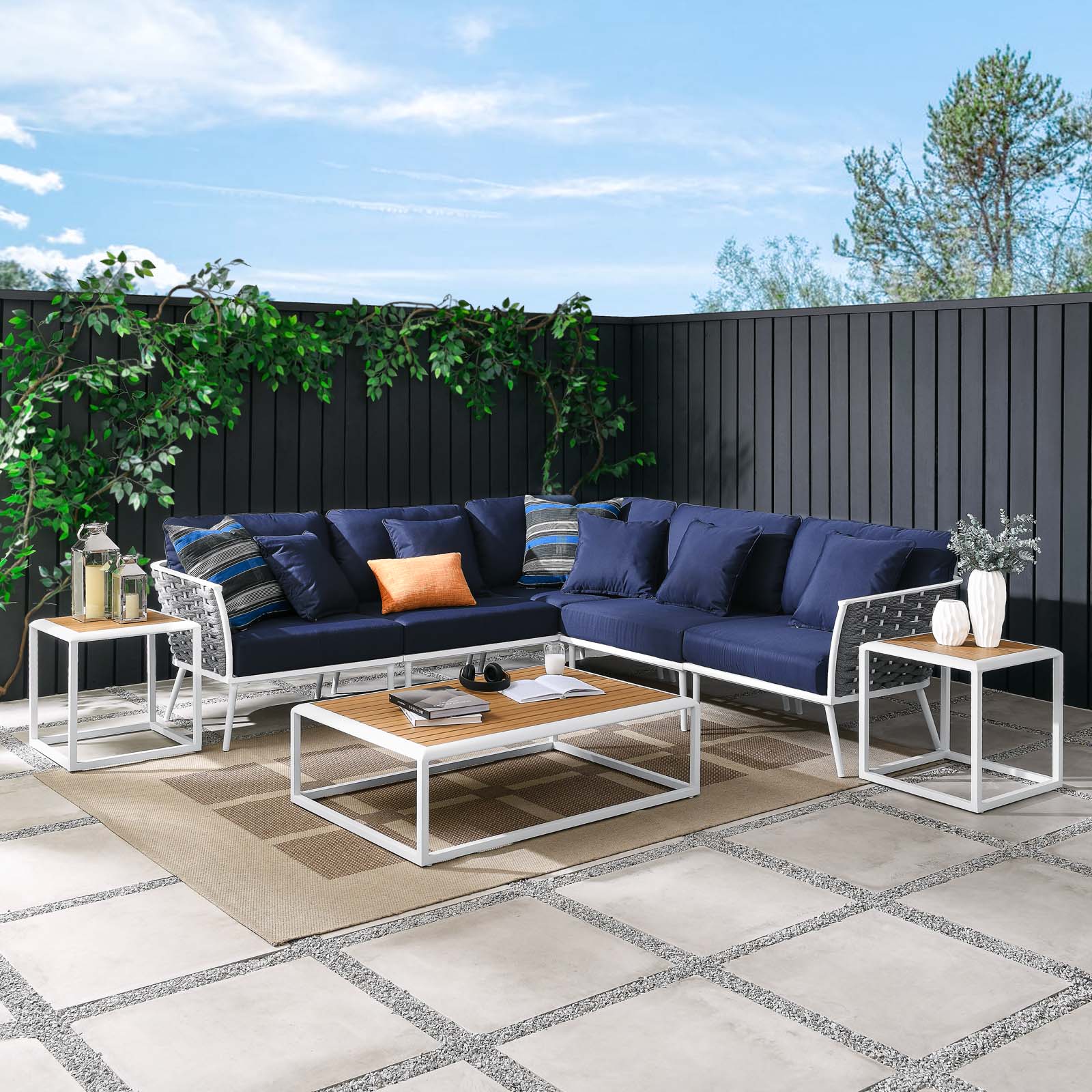 Lounge Sectional Sofa Chair Table Set, Navy White, Aluminum, Metal, Fabric, Modern Contemporary, Outdoor Patio Balcony Cafe Bistro Garden Furniture Hotel Hospitality - image 2 of 10