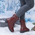 thumbnail image 4 of Lace up Winter Motorcycle Boots for Women Furry Lined Low Heel Side Zipper Mid Calf Combat Boots Waterproof Warm Snow Booties Wine Size 6.5, 4 of 8