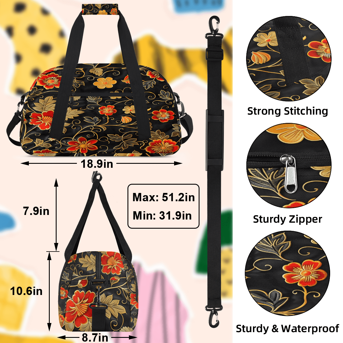 Herdesigns Gold Red Flowers Sports Duffle Bag for Women & Men, Retro Floral Gym Bag Dance Bag Overnight Bag Carry On Weekender Travel Bag