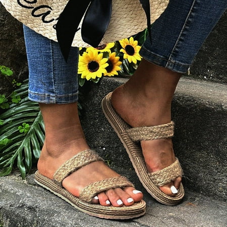 

Yinguo Slippers For Women Girls Flat Casual Sandals Straw Linen Bottom Slippers Beach Shoes