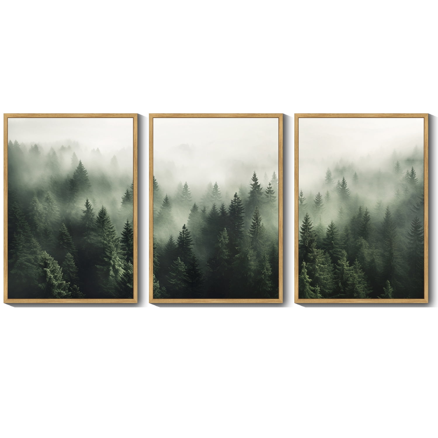 SHENIFY Canvas Print Wall Art Prints Framed Wood Fog & Mist Over Green Pine Tree Forest Nature Wilderness Modern Artwork For Living Room Bedroom - 12x16in3pcs Neutral Framed