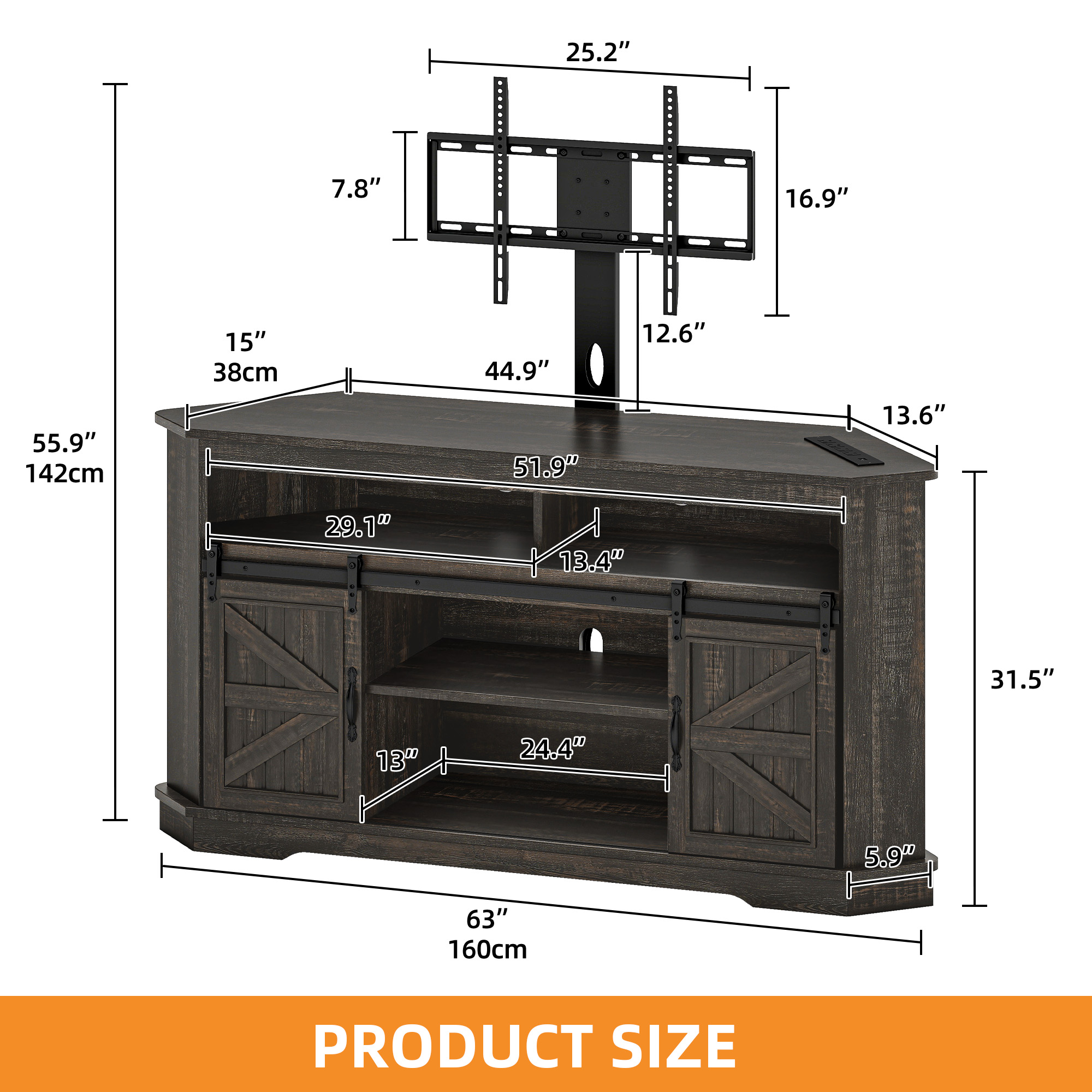 Craftian TV Stand for 70" TV with Mount, Farmhouse Entertainment Center with Power Outlets & Sliding Barn Doors, Dark Rustic Oak
