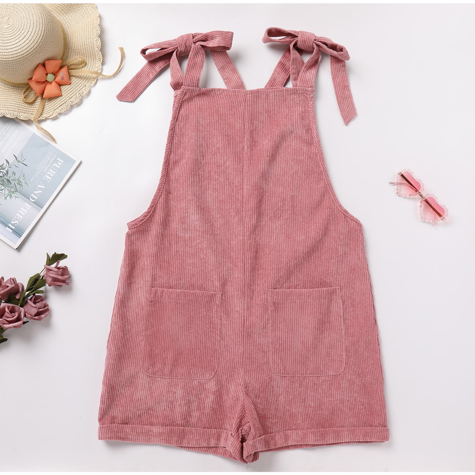 FYMNSI Mommy and Me Short Jumpsuits Matching Outfits Women Casual Sleeveless Loose Rompers Girls Bowknot Tie Straps Overalls with Pockets Pink Corduroy (Baby Girl 9-12M)