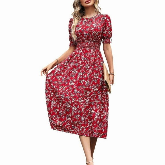 Blmnix Party Dresses for Women Fit & Flare Flowy Vintage Dresses Crew Neck Red Short Sleeve Cocktail-Length Empire Waist Dress for Women,M
