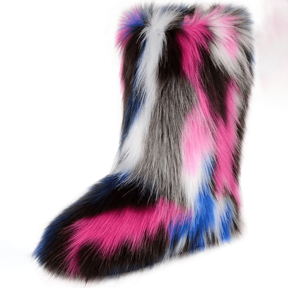Women's Faux fur Boot Furry Fluffy Short Snow Boot Mid-Calf Boots Warm Comfortable Outdoor Flat Shoes