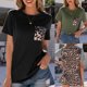thumbnail image 5 of Camiseta de manga corta con cuello en V y costuras de leopardo de temperamento para mujer Fridja  bn5634, 5 of 5