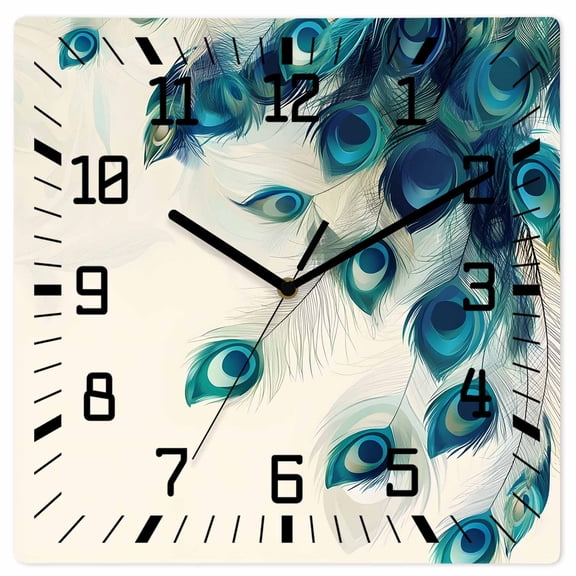 Peacock Feather Wooden Wall Clock Silent Non Ticking, Teal Ethnic Rustic Farmhouse Elegant Square Wall Clocks Battery Operated, Decor Clock for Home Office, Living Room, Kitchen, 10 Inch