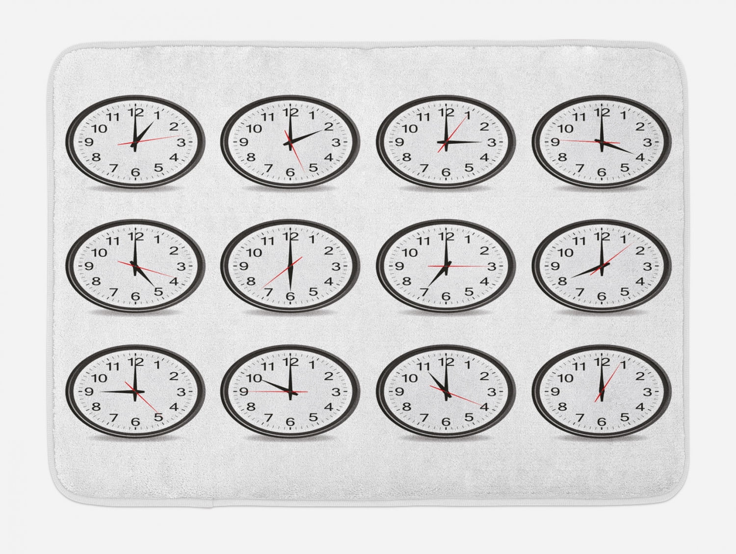 Clock Bath Mat, Clocks with Numbers That Show Every Hour Illustration