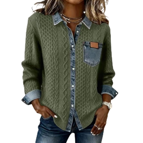 MaFYtyTPR Women's Cardigan Jacket Fall Winter Denim Patchwork Versatile Shirts for Fall Winter Daily Wear Army Green L