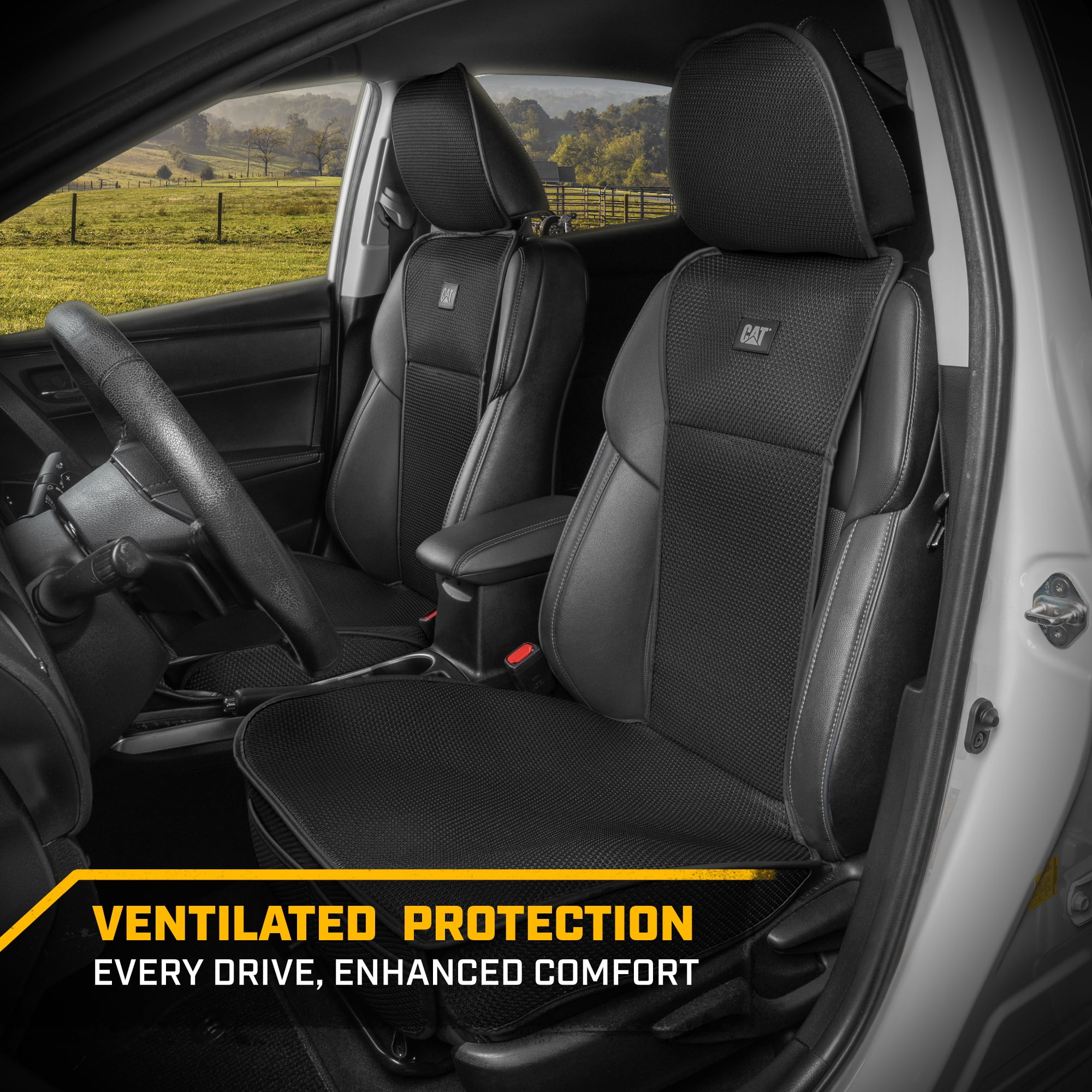 Caterpillar AeroMesh Black Seat Covers for Trucks, Car, & SUV - Front Truck Seat Cover Protector - Breathable Mesh Universal Fit Car Seat Covers - Automotive Seat Covers Top of Seat Protection