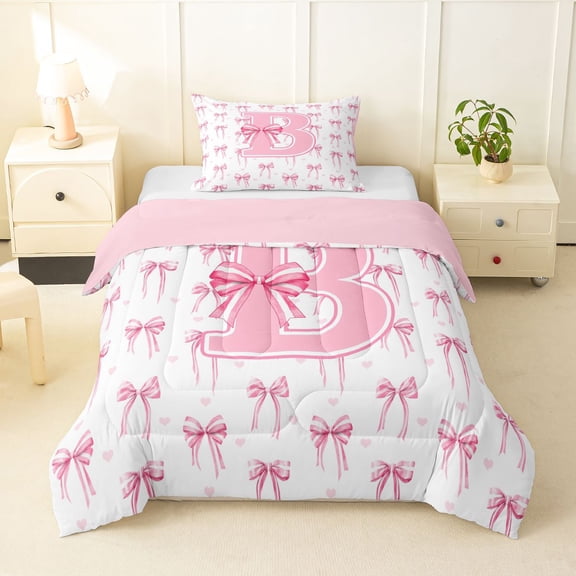 Erosebridal Letter Monogrammed B Twin Comforter Sets 3-Piece For Kids,Girls Cartoon Ribbon Bowknot Bedding Set,Pink Reversible