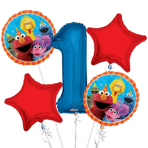 Elmo's Bouquet de Ballons d'Anniversaire - Ensemble de Décorations de Fête Sesame Street 5 Pcs - Ballons Amusants et Festifs pour Célébrer avec Elmo et Ses Amis!