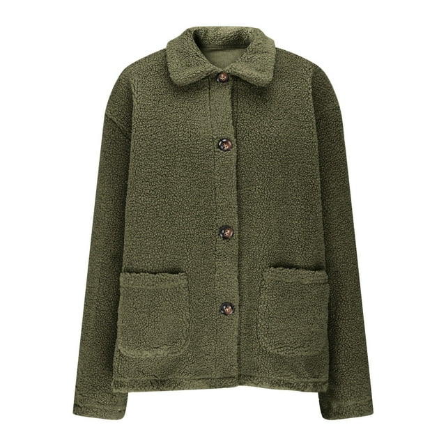 HAiming Womens Fuzzy Coat Button down Lapel Callor Fleece Jacket Tops Solid Color Soft Warm Clothes