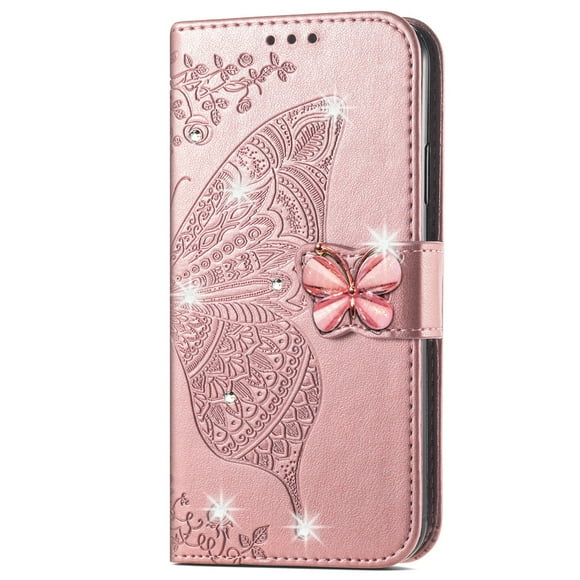 Dteck for iPhone 11 Case Wallet for Women, Flip Folio Cover with Butterfly Embossed Diamond PU Leathe Stand Card Holder Protective Case with Wrist Strap,Rosegold