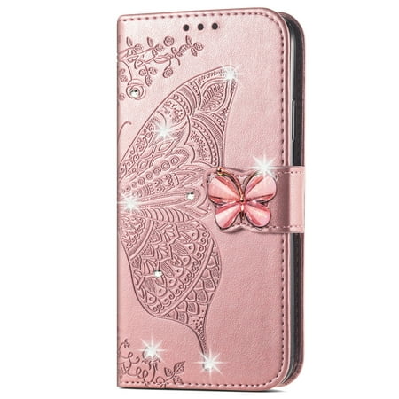 Dteck for iPhone 7 / 8 / SE 2022 & 2020 Case Wallet for Women, Flip Folio Cover with Butterfly Embossed Diamond PU Leathe Stand Card Holder Protective Case with Wrist Strap,Rosegold